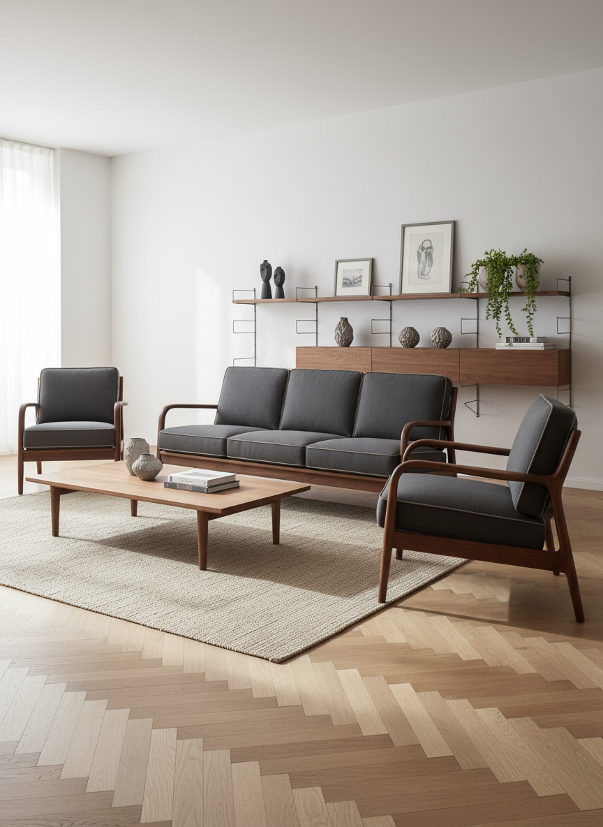 A luxurious modern living room showcasing a refined MOBWOOD sofa set in rich walnut wood and deep charcoal fabric, with crisp stitching and gently curved armrests. The sofa is positioned on a light beige woven rug over a sleek herringbone wooden floor, beside a low rectangular coffee table with a matte oak surface. Soft natural daylight pours in from an unseen large window, creating subtle highlights on the wood grain and gentle shadows under the furniture. The background features a minimalist wall-mounted shelving unit with carefully arranged decor pieces. Photographic realism, shot at eye level with a slightly wide angle, clean and modern composition, calm and sophisticated atmosphere suitable for an elegant furniture brand homepage.