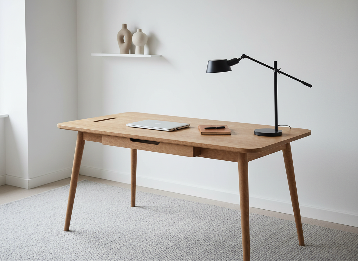 A chic MOBWOOD home office setup with a streamlined wooden desk in natural oak, featuring rounded corners, a thin profile, and discreet cable management slot. The desk stands on slim, angled legs over a light gray wool rug, set against a clean white wall with a small floating shelf holding a couple of neutral-toned objects. A closed laptop, a leather notebook, and a minimal desk lamp rest on the surface. Soft, overcast daylight enters from an unseen window, creating even, shadowless illumination with subtle reflections on the wood. Photographic realism, slightly elevated three-quarter angle, sharp focus throughout. The atmosphere is focused, calm, and sophisticated, perfect for promoting stylish work-from-home furniture.