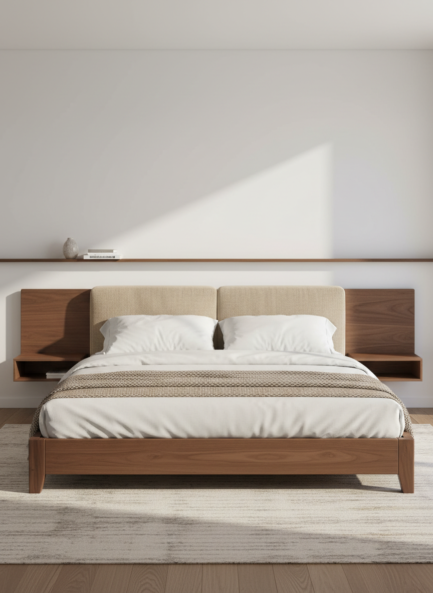 A stylish bedroom scene featuring a MOBWOOD king-size bed with a solid walnut frame, integrated slim bedside ledges, and an upholstered headboard in a soft sand-beige fabric. The bed is dressed in crisp white linens and layered with a taupe throw blanket, placed on a subtle patterned rug in neutral tones. The room’s backdrop is a smooth off-white wall with a narrow floating wooden shelf hosting simple decorative objects. Soft morning sunlight enters from the right, casting gentle, elongated shadows and enhancing the warmth of the wood. Photographic realism, eye-level composition, with balanced framing that keeps the bed as the clear focal point, creating a serene, sophisticated atmosphere ideal for showcasing premium bedroom furniture.