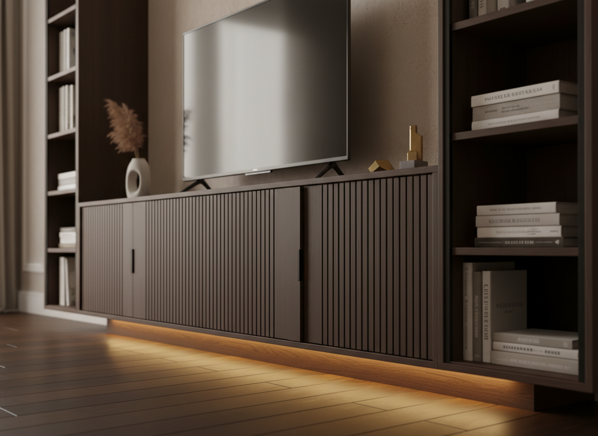 A detailed close-up of a MOBWOOD TV unit in dark espresso-stained wood with fluted front panels and hidden push-latch doors, sitting against a soft beige wall. The surface holds a slim, modern television and a few carefully arranged decor items, while open side shelving reveals neatly stacked books and a subtle accent of matte black metal framing. Warm, low evening light from a concealed LED strip below the unit adds a soft halo on the floor and emphasizes the vertical texture of the fluting. Photographic realism, low-angle perspective focusing on the craftsmanship, with a gently blurred background. The mood is intimate and luxurious, ideal for highlighting intricate design details in a product showcase.
