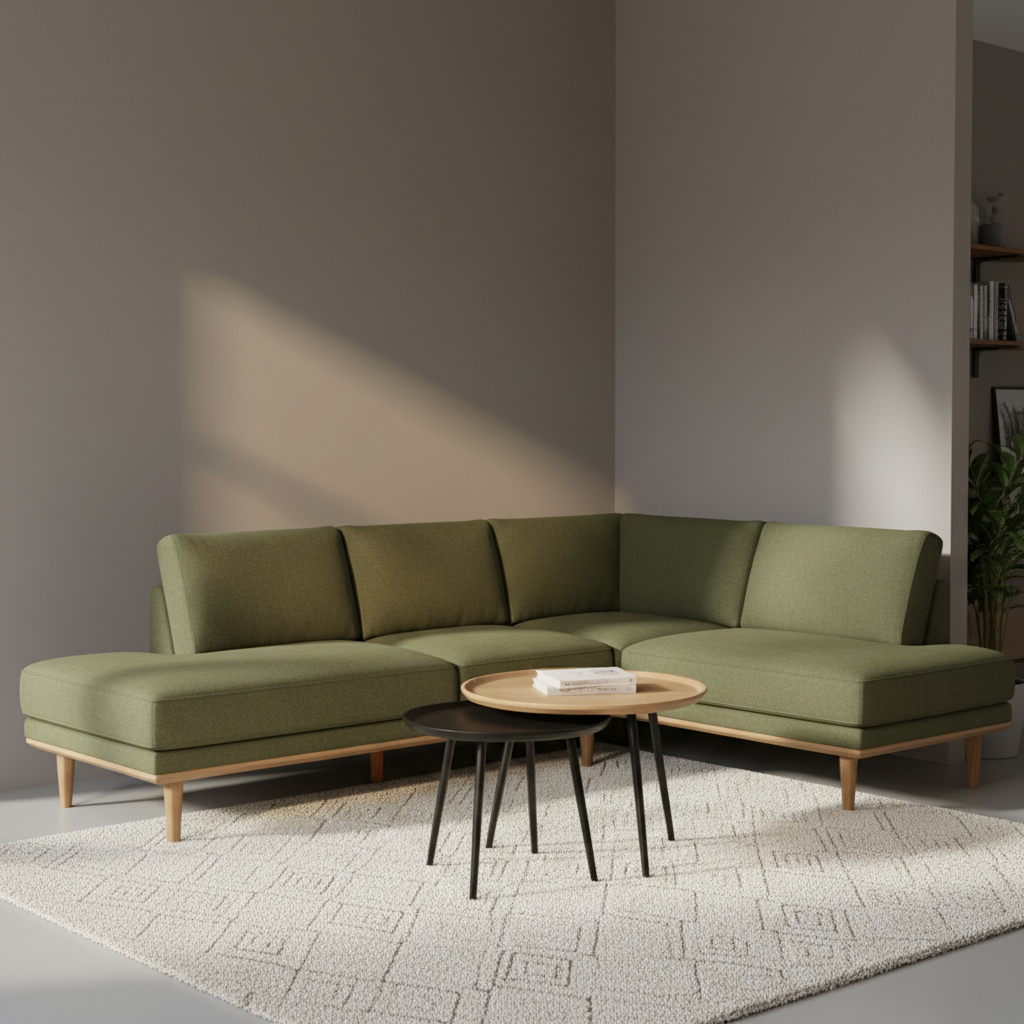 A premium MOBWOOD corner seating arrangement in a compact studio space, featuring a slim-profile L-shaped sofa in muted olive fabric with natural oak legs, paired with a round nesting coffee table set in matte black and light wood. The ensemble sits atop a finely woven off-white rug against a smooth, warm gray wall. Side lighting from a tall, unseen window to the left creates elegant contrasts and a soft gradient across the wall, subtly illuminating the sofa’s texture and the wood’s grain. Photographic realism, composed using the rule of thirds with shallow depth of field, leaving the far corner slightly blurred. The mood is cozy yet sophisticated, ideal for highlighting urban, space-saving furniture options.