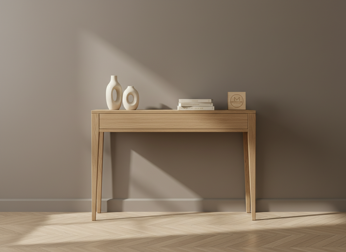 An elegant hallway vignette featuring a slim MOBWOOD console table in lightly brushed oak with tapered legs and a single hidden drawer, positioned against a matte taupe wall. On the console surface, minimalist decor objects rest beside a discreetly placed small wooden plaque with the MOBWOOD logo. The console stands on a chevron-patterned wooden floor that subtly reflects the ambient light. Soft, diffused afternoon daylight from the right creates delicate highlights on edges and a gentle pool of light beneath the table. Photographic realism with a centered, eye-level composition and generous negative space, producing a calm, sophisticated atmosphere that suits a curated, design-conscious furniture brand.