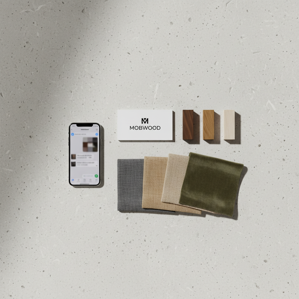 A refined product-flatlay composition presenting a MOBWOOD brand card placed beside small wood samples in walnut, oak, and ash, along with elegant fabric swatches in cool gray, warm beige, and deep olive. All elements rest on a smooth, light concrete surface with subtle texture. A modern smartphone lies nearby with a WhatsApp chat interface faintly visible on the screen, hinting at direct communication. Soft, directional studio lighting from the upper left casts crisp yet gentle shadows, emphasizing the materials’ textures. Photographic realism with a top-down, bird’s-eye view and minimalist aesthetic, creating a clean, sophisticated mood that communicates custom furniture selection and easy contact through messaging.