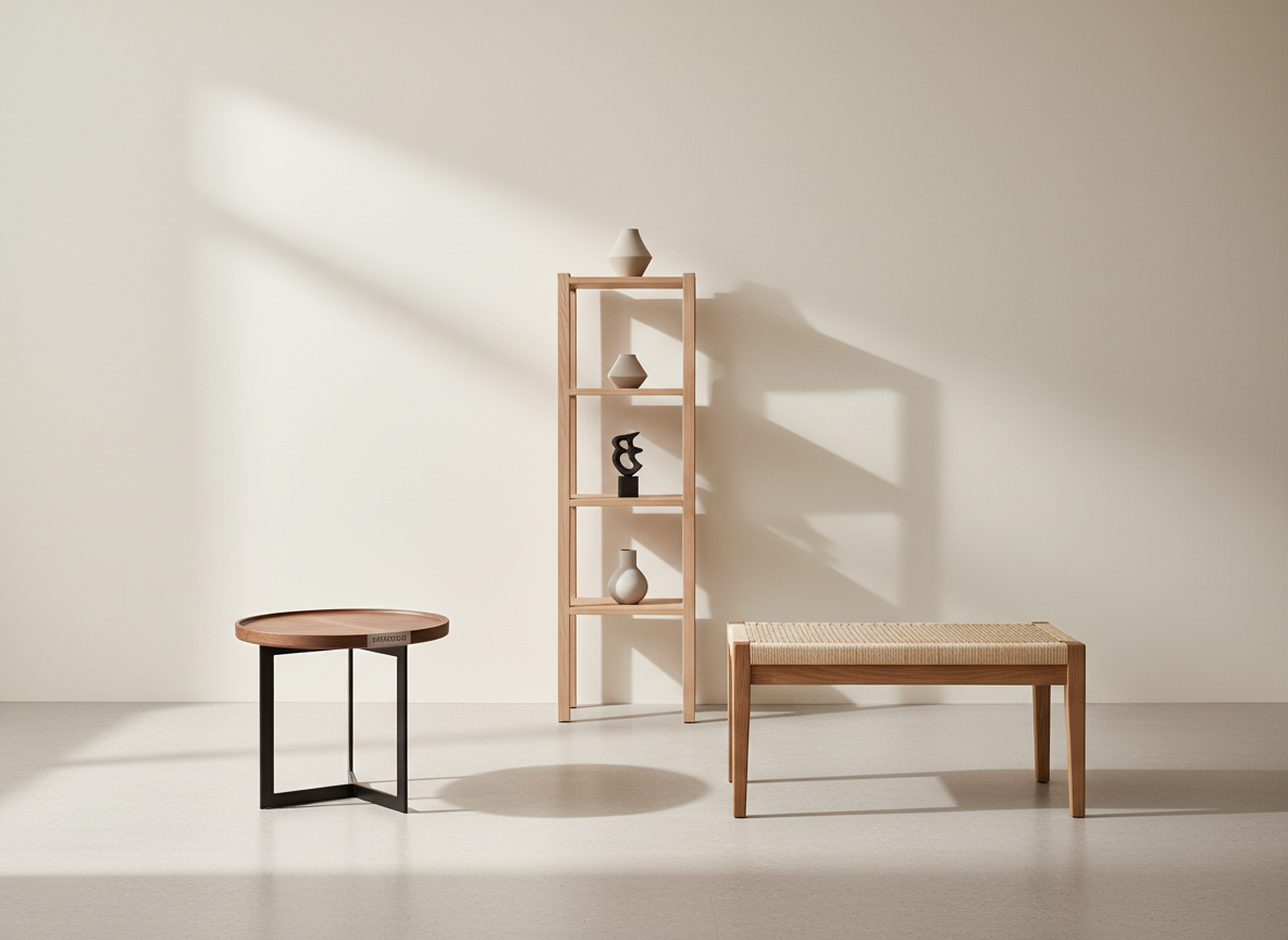 A curated MOBWOOD display of mixed-material accent pieces, including a compact side table with a walnut top and matte black metal base, a low bench with an oak frame and woven seat, and a narrow shelving unit in light ash. All pieces are arranged against a smooth, warm white wall on a light microcement floor, spaced with precise, gallery-like distances. Gentle, diffused studio lighting from above and slightly to the front creates soft shadows that ground each object and highlight their forms without distraction. Photographic realism with a straight-on, almost exhibition-style composition, evoking a refined, gallery showroom mood that underlines the brand’s sophisticated, design-led selection.