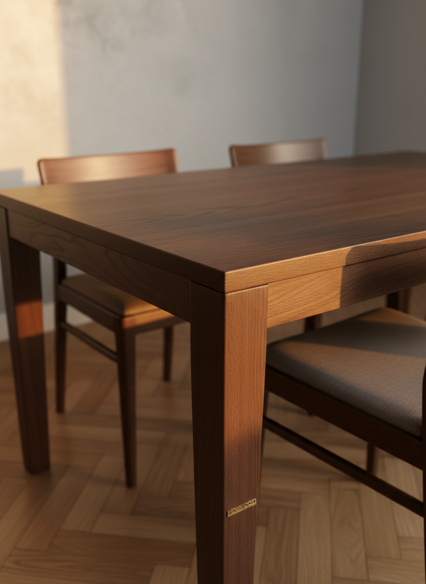 A close-up, photographic-realistic shot of an elegant MOBWOOD dining table crafted from smooth, dark-stained oak with a satin finish, showcasing precise edges and visible natural grain. The table is set in a minimalist dining area with a light gray textured wall and warm-toned parquet flooring. Diffused golden hour light filters from the left, creating a soft glow on the tabletop and delicate reflections along its beveled edges. Four matching chairs with slim wooden legs and upholstered seats in muted taupe surround the table. The composition uses a shallow depth of field, focusing sharply on one table corner while the rest of the scene gently blurs, conveying a sophisticated, premium furniture selection suitable for a curated catalog page.