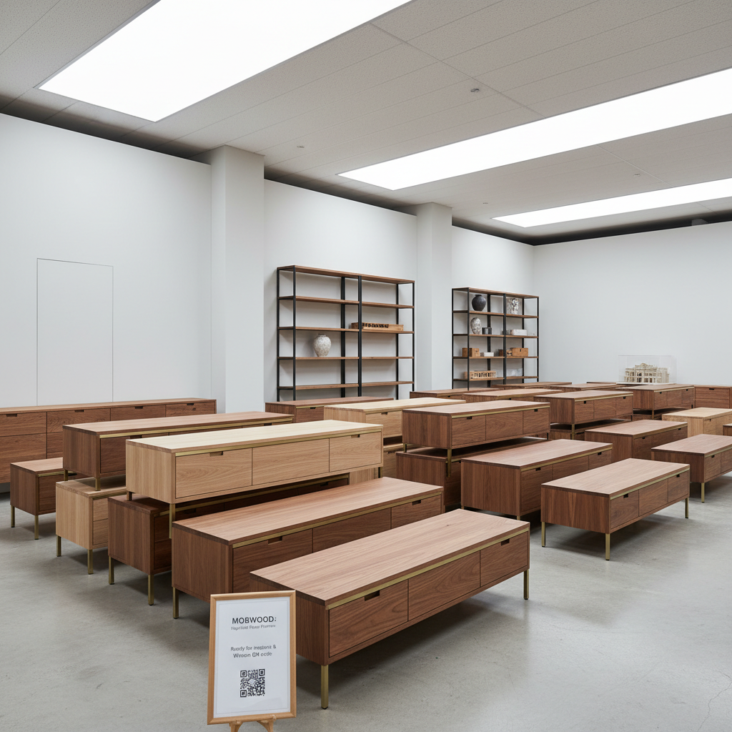 An organized MOBWOOD warehouse-style display area with neatly arranged stacks of high-end wooden sideboards and coffee tables in various finishes, from light ash to deep walnut. Each piece features clean lines, push-to-open drawers, and subtly integrated metal details in brushed brass. The furniture sits on a smooth concrete floor, with a backdrop of tall, matte white walls and minimalist industrial shelving. Overhead, soft diffused artificial lighting and a few narrow skylights create even, shadowed illumination that highlights surfaces without harsh glare. Photographic realism with a slightly elevated wide-angle view, capturing depth and order. The mood is professional and trustworthy, reflecting a curated inventory ready for customer inquiries and WhatsApp orders.